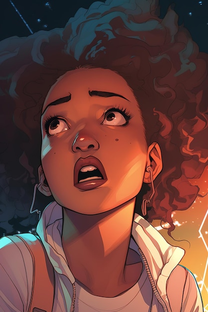 Female comic book afropunk trembling expression surprise emotion comic book style