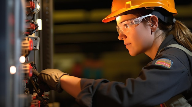 A female commercial electrician at work on a fuse box adorned in safety gear