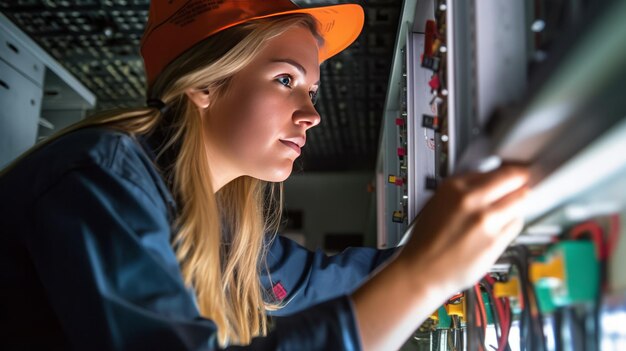 Photo a female commercial electrician at work on a fuse box adorned in safety gear