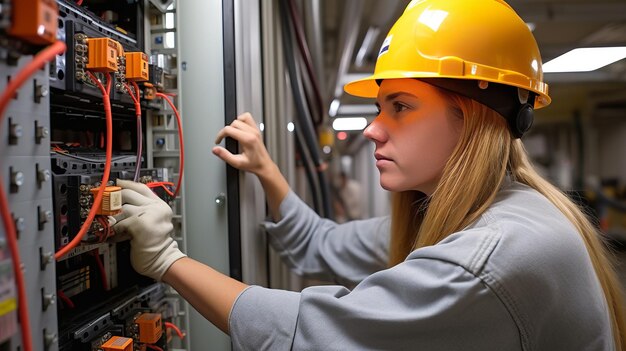 A female commercial electrician at work on a fuse box adorned in safety gear