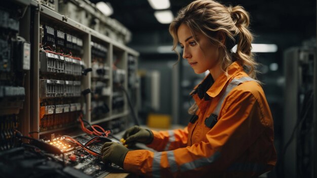 Female commercial electrician at work on a fuse box