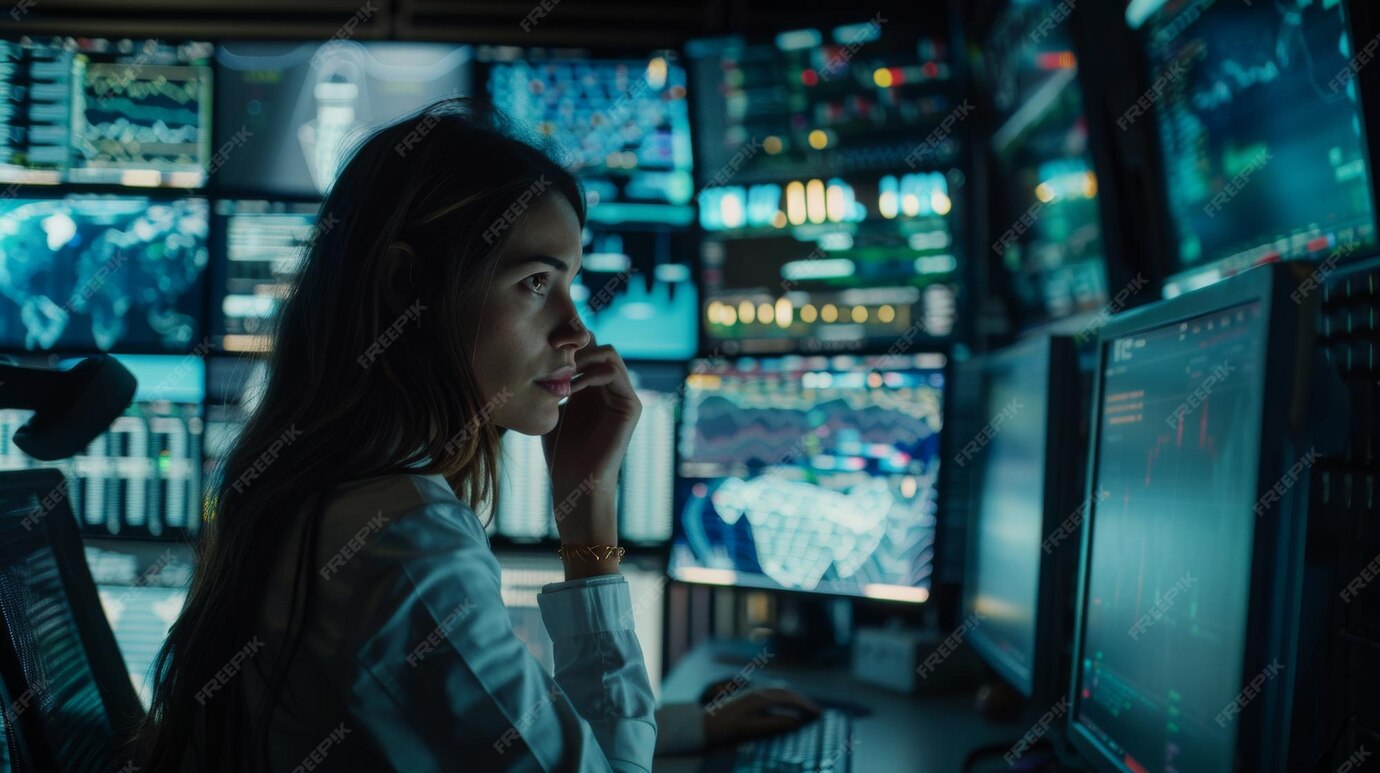 Premium Photo | Female Computer Programmer Working in a Monitoring Room ...