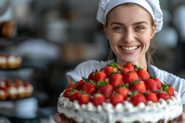 Foto pasticcere femminile con una torta di fragole in pasticceria