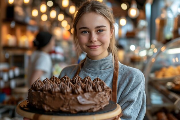 Female confectioner with a strawberry cake in the pastry shop