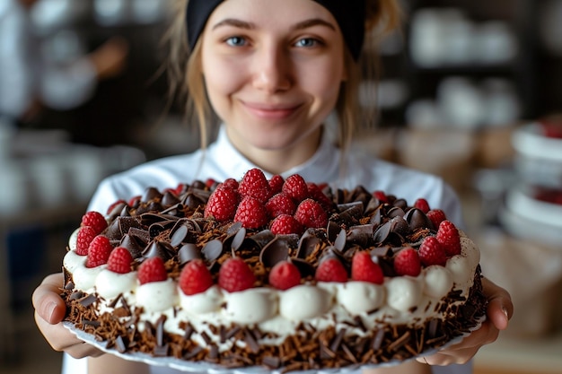 パティスリーでイチゴのケーキを持つ女性菓子職人