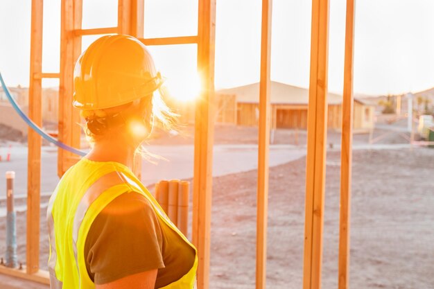 Photo female construcion worker looking out from new home framing