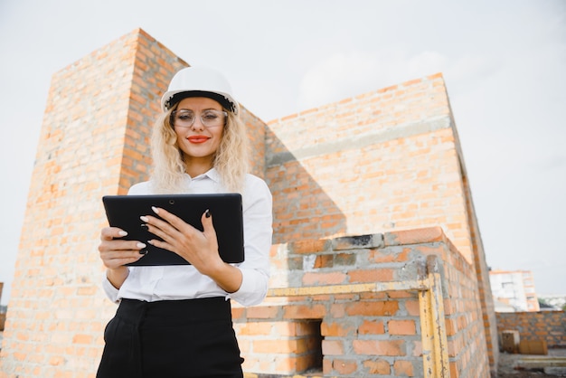 女性の建設エンジニア。建設現場でタブレットコンピューターを使用する建築家。探している若い女性、背景にサイトの場所を構築します。建設コンセプト