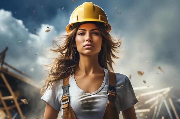 Female construction site engineer with helmet