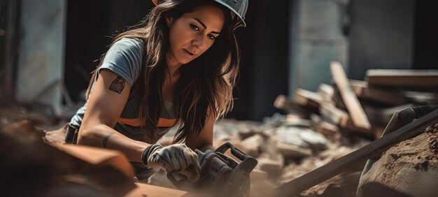 Photo female construction worker digging into ruins of a building in the style of softfocused realism