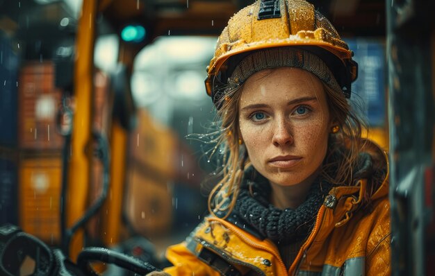 Female construction worker driving forklift during rain