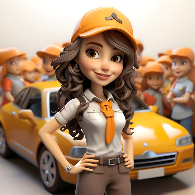 Female construction worker in front of yellow car 3D render illustration