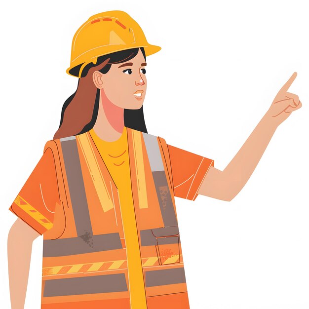 Female construction worker in helmet and reflective vest waving hand vector illustration