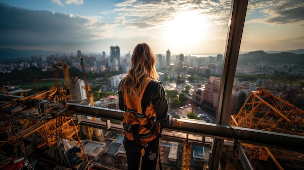 Female construction worker looking at the city from a highrise building