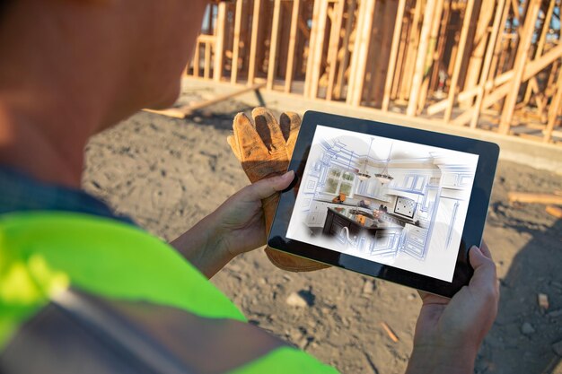 Photo female construction worker reviewing kitchen illustration on computer pad at construction site