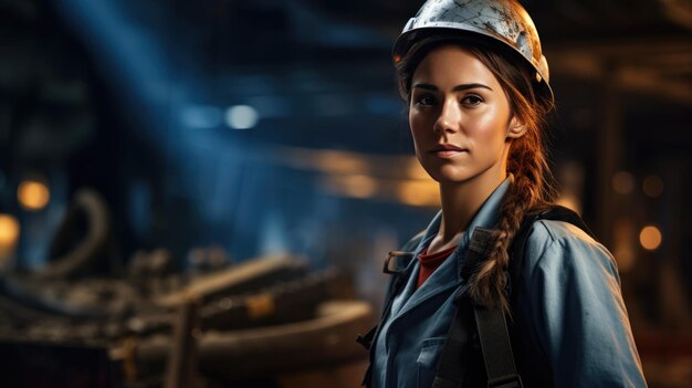 Female construction worker wearing a helmet in the background of a construction site