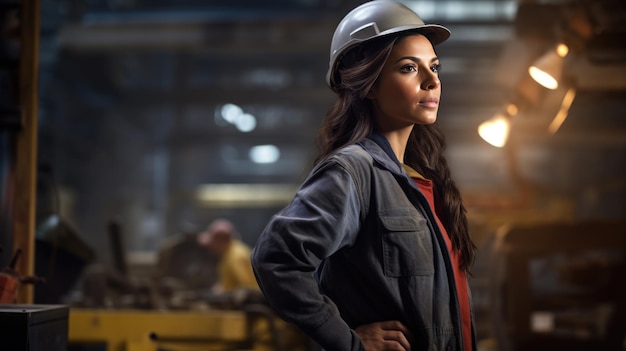 Female construction worker wearing a helmet in the background of a construction site