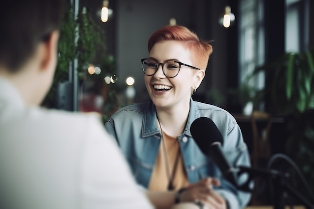 Foto una donna creatrice di contenuti che fa un podcast con un microfono generativo ai