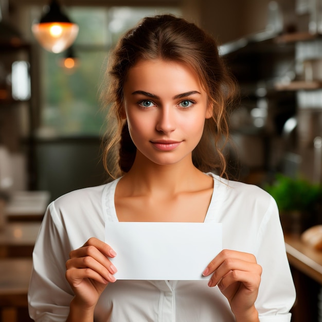 female cook holding white card working in kitchen