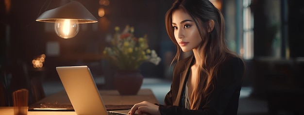 Photo female corporate philanthropist sat at table and used laptop