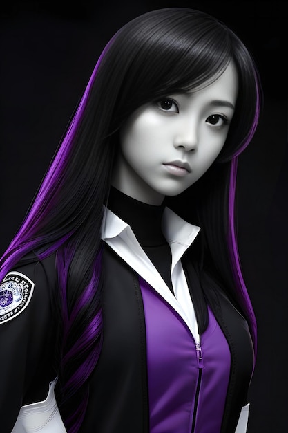 A female cosplay character with purple hair