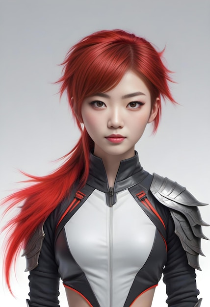 A female cosplay warrior with red hair and black armor