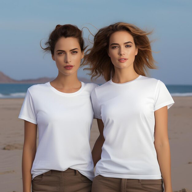 Female couple wearing white t shirts