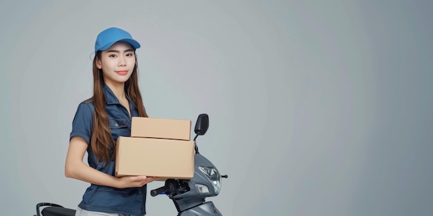 Female courier with parcel on light background