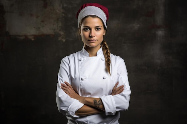 Foto chef culinaria femminile che guarda la telecamera mentre è in piedi con le mani sui fianchi professionale