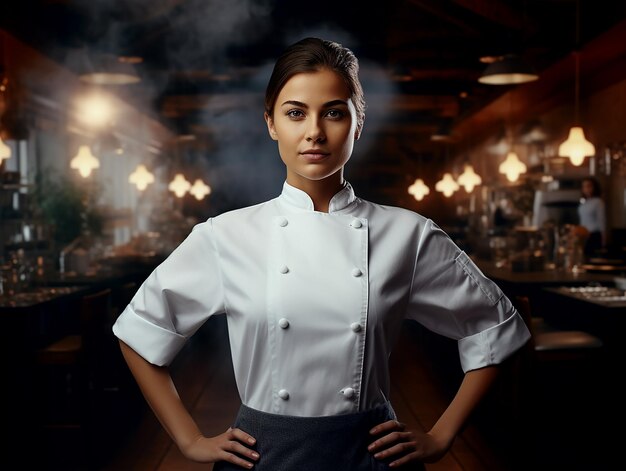 Photo female culinary chef standing in a studio