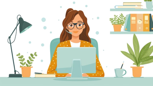a female customer service girl sits in front of the computer and answers the phone flat illustration