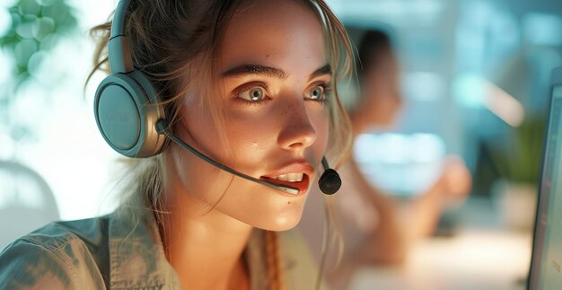 Female customer service representative with headset working in office warm lighting