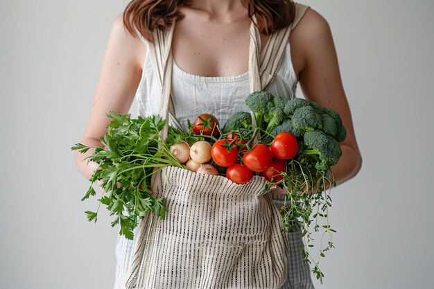 Female customer using mesh tote and cloth shopper for produce at ecofriendly farmers market promoting zero waste and sustainable living Banner display