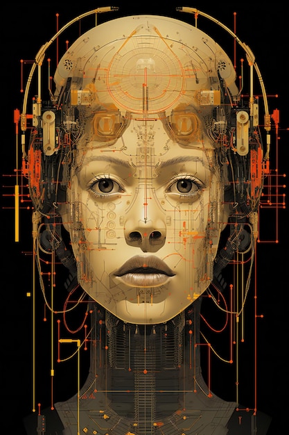 A female cyborg face with technical drawings