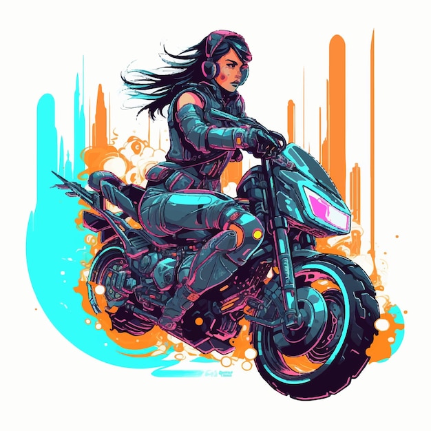 オートバイに乗っている女性サイボーグライダーまたはサイボパンクガール