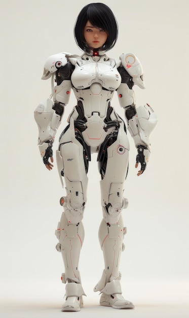Photo female cyborg robot girl in exoskeleton glossy shiny armor cyberpunk woman of the future