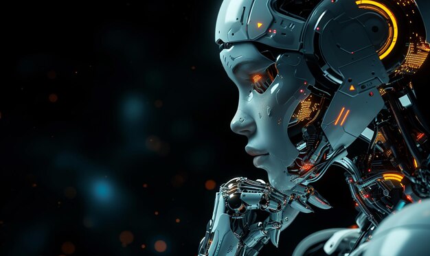 Female Cyborg thinking pose on dark background Dark Copy space