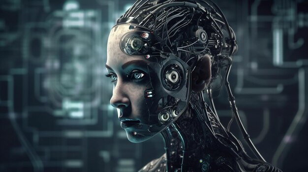 Female cyborg with circuit brain and binary codegenerative ai