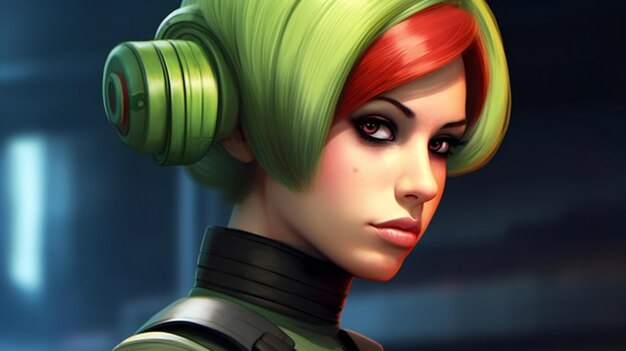 Female cyborg with green hair