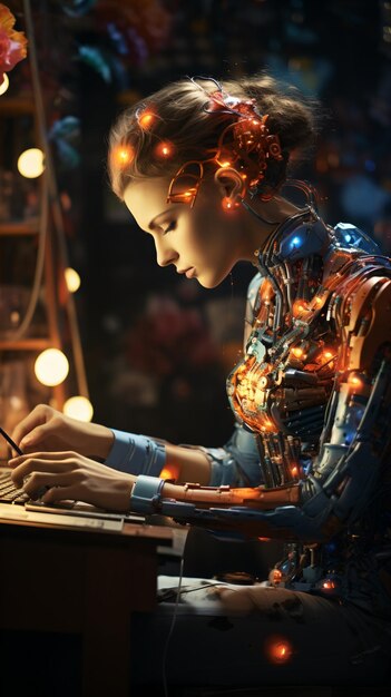 Foto un cyborg femminile lavora a un progetto in una stanza scarsamente illuminata