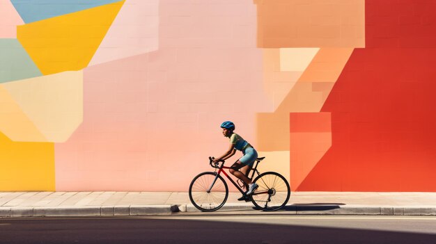 Female cyclist riding by a colorful wall wide view