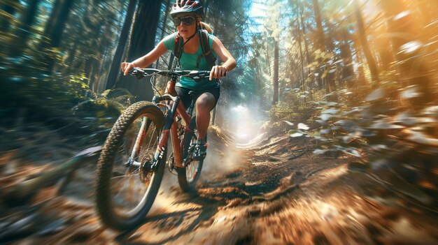 Велосипедистка едет на горном велосипеде по тропе в лесу скоростное движение blurx9