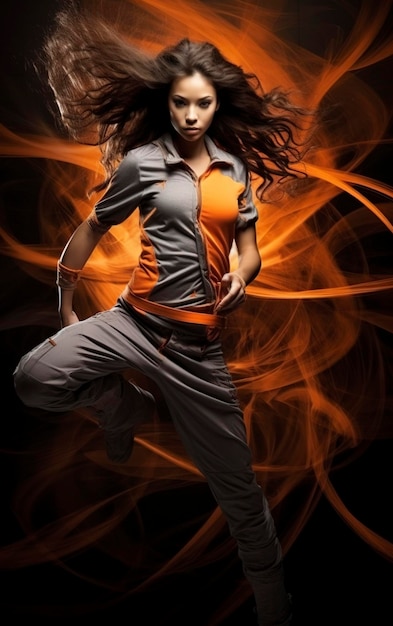 Female dancer in motion in the style of orange and gray