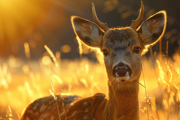 Foto cervo femmina alla luce del sole dell'ora d'oro