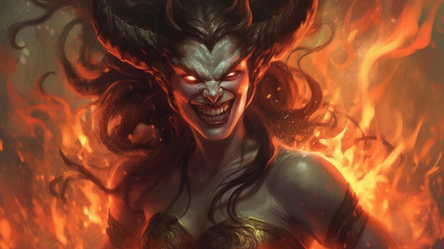 female demon with horns in hellfire