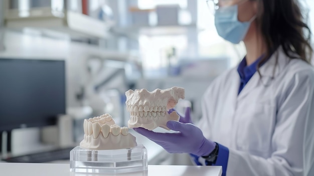 Female dental technician makes model of a denture
