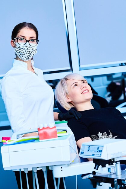 Female dentist examining a female patient at clinic