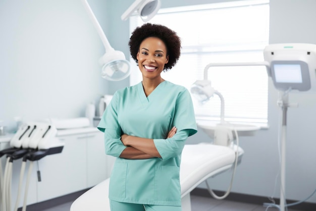写真 歯科医院に立ちながら微笑む女性歯科医 高度な資格を持つ医師