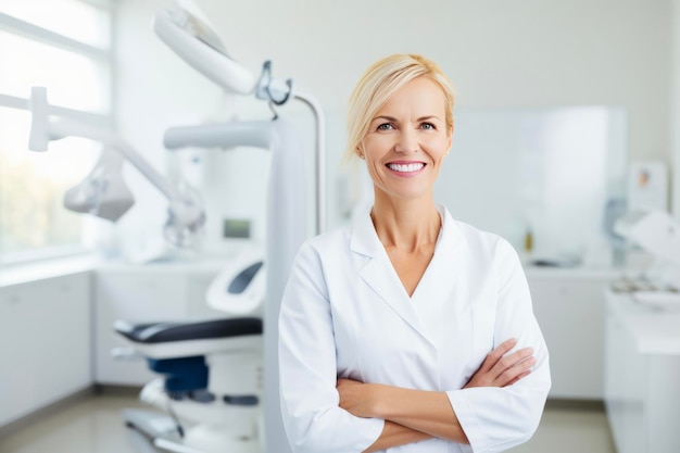 写真 歯科医院に立ちながら微笑む女性歯科医 高度な資格を持つ医師