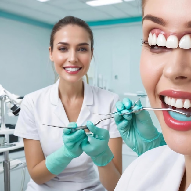 Female dentist with dentistry tools isolated