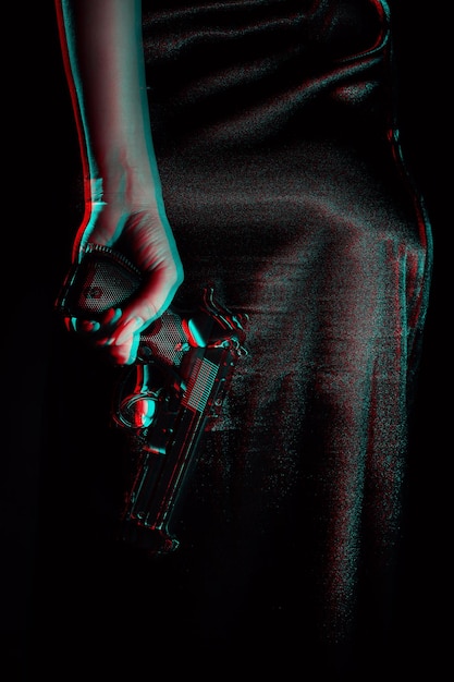 female detective in a dress with a gun in her hands style of detectives of the 1950s  glitch effect